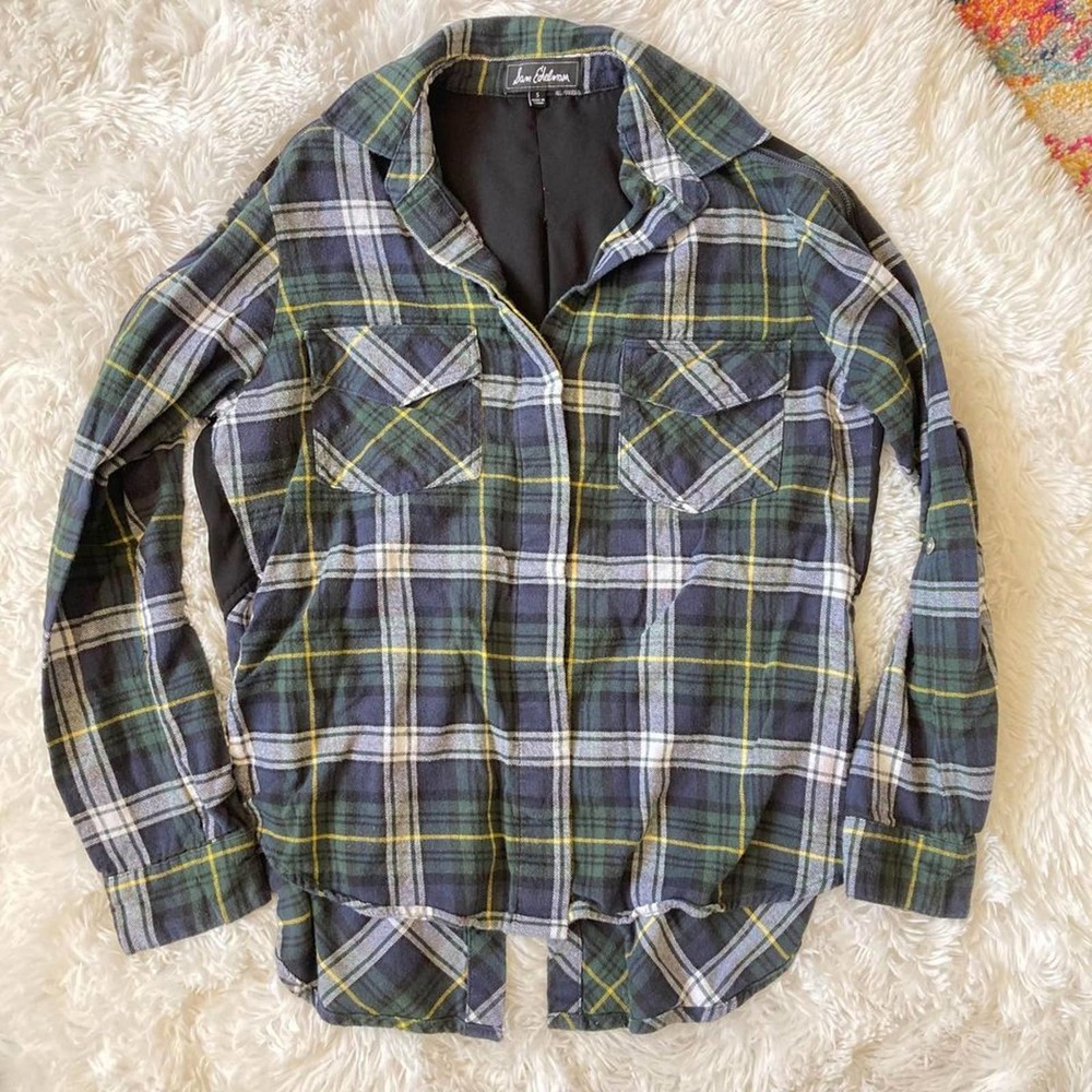 Sam Edelman Green Black Plaid Button Up Shirt Sheer Back Womens Small